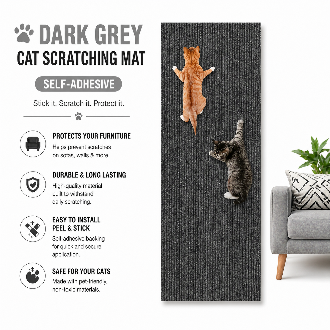 Cat Scratching Mat Self Adhesive Carpet Protector for Sofa Walls - Dark Grey