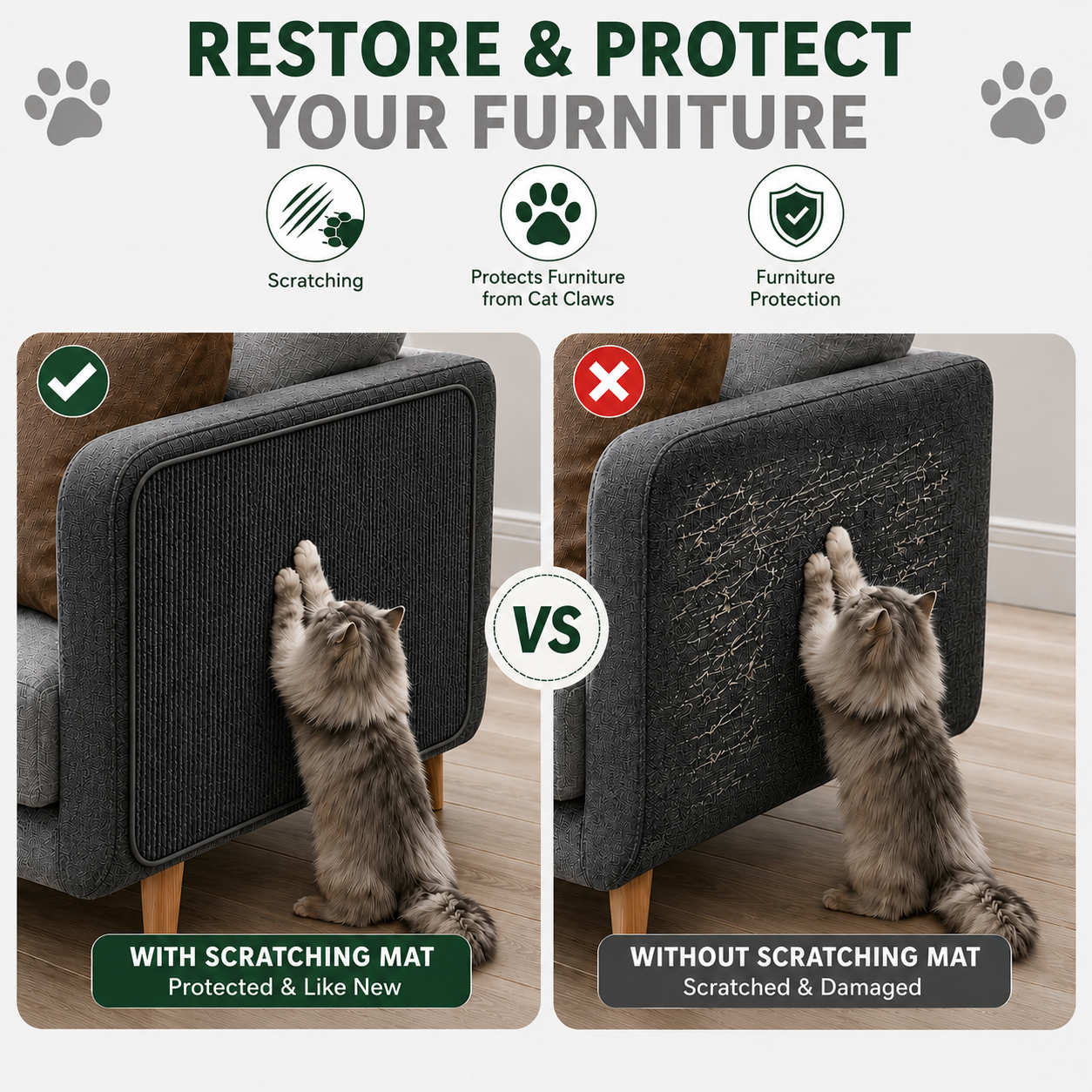 Cat Scratching Mat Self Adhesive Carpet Protector for Sofa Walls - Dark Grey