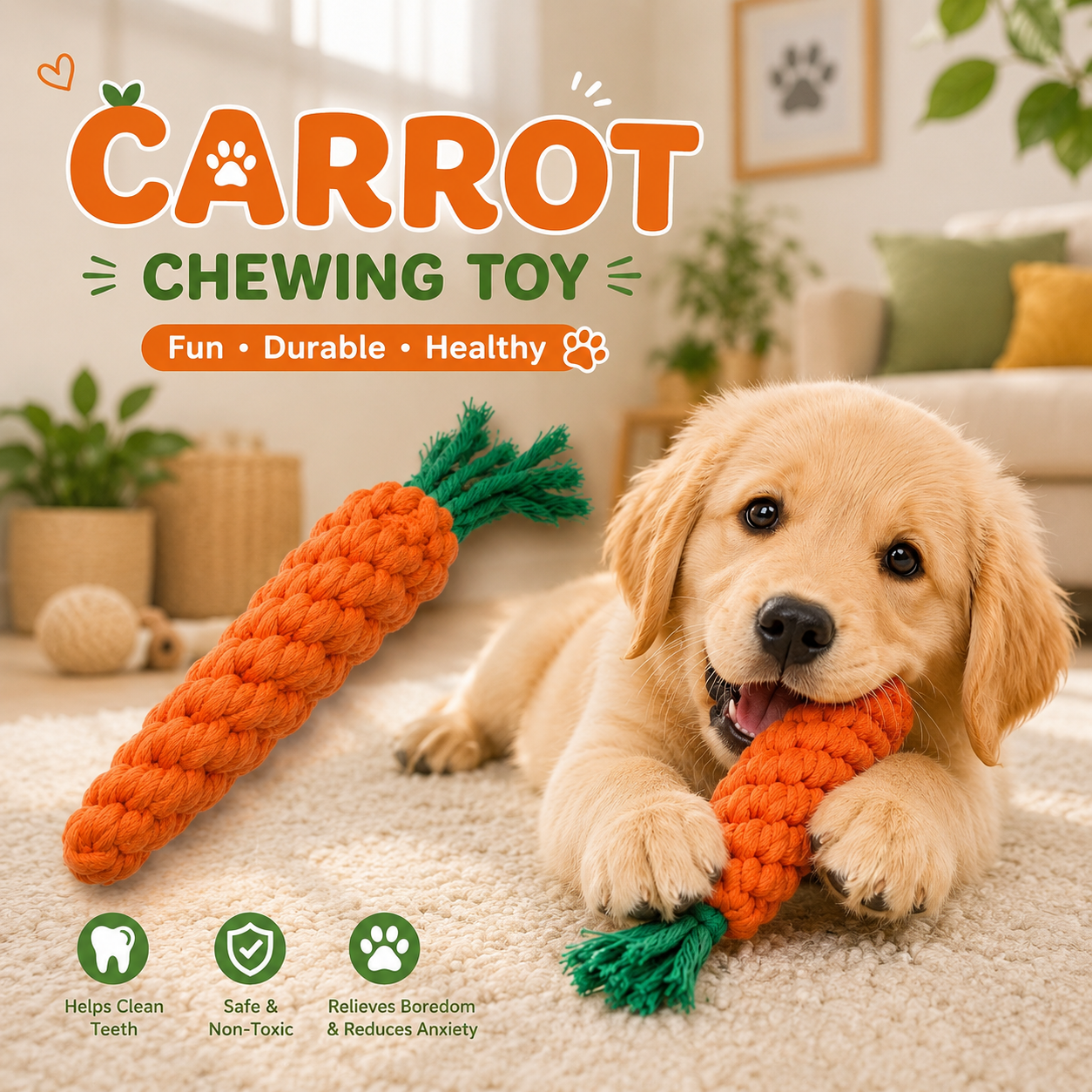 Carrot Cotton Rope Dog Chew Toy for Puppies and Small Dogs