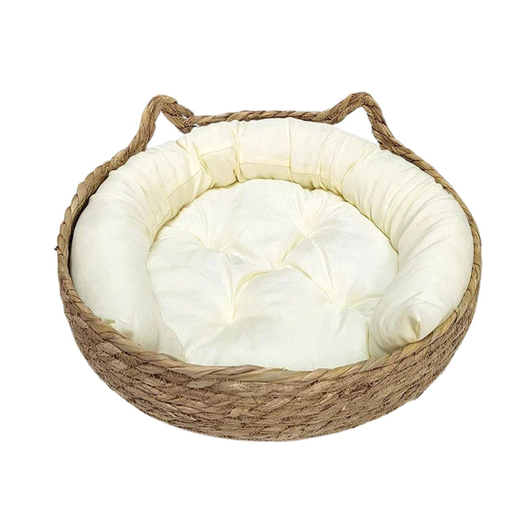 Round Woven Pet Bed with Soft Cushion for Cats and Small Dogs Indoor - Cream White