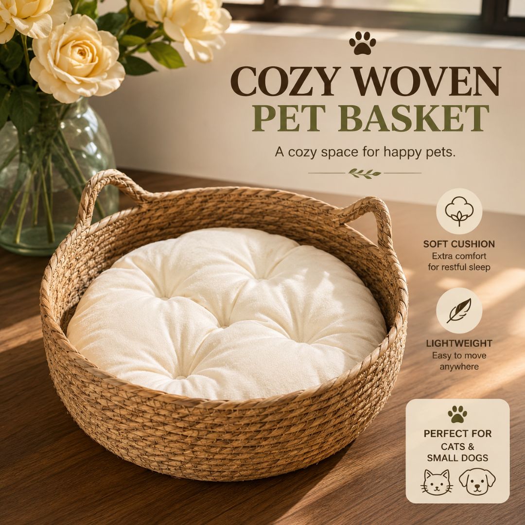 Round Woven Pet Bed with Soft Cushion for Cats and Small Dogs Indoor - Cream White