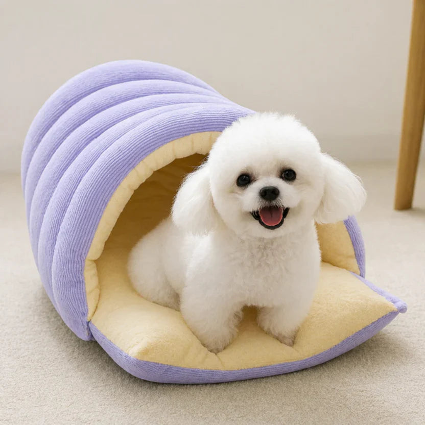 Soft Plush Cat Cave Bed Enclosed Pet Nest Cushion for Cats and Small Dogs - Purple