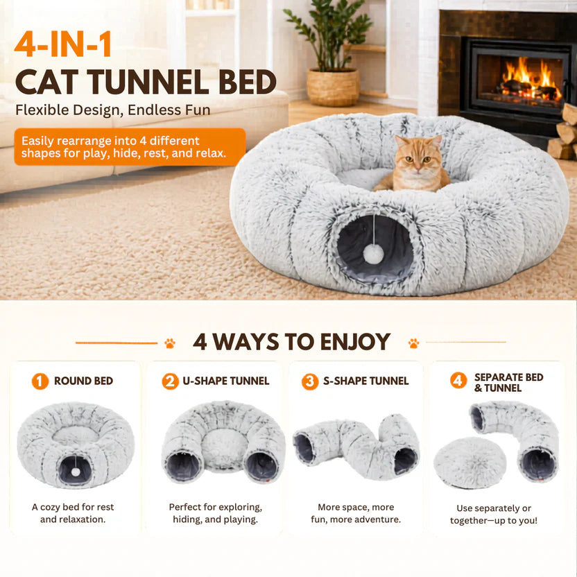 Plush Cat Tunnel Bed 2-in-1 Foldable Round Pet Nest for Indoor Cats - Light Grey