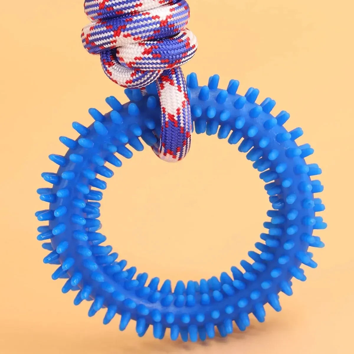 Durable Knot Rope Dog Toy with Textured Rubber Ring for Active Dogs - Blue