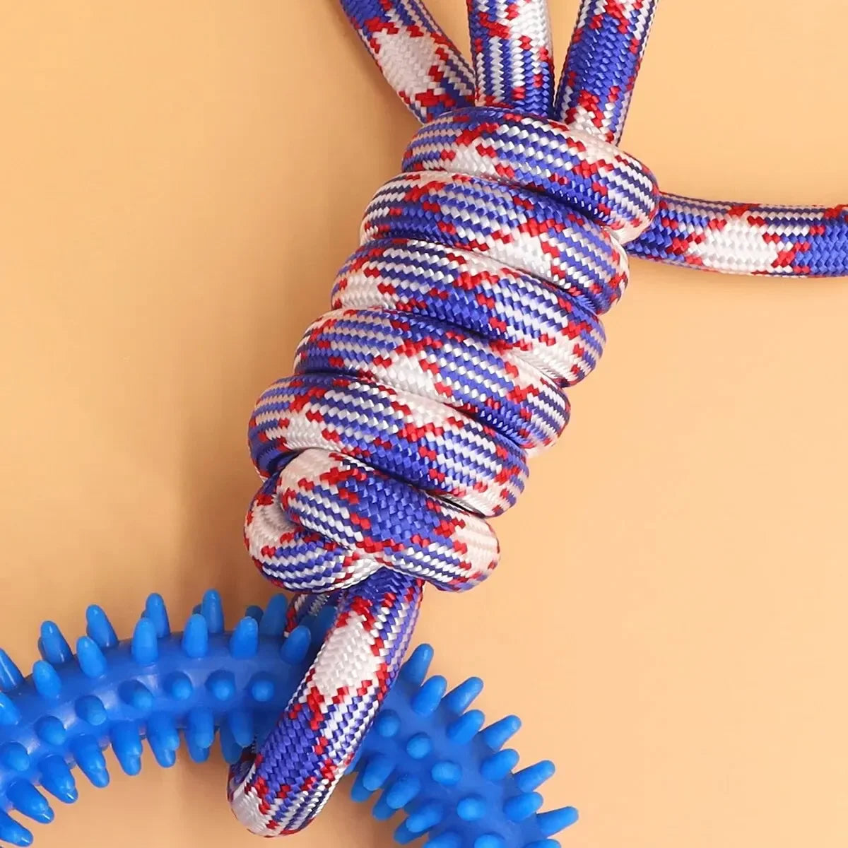 Durable Knot Rope Dog Toy with Textured Rubber Ring for Active Dogs - Blue