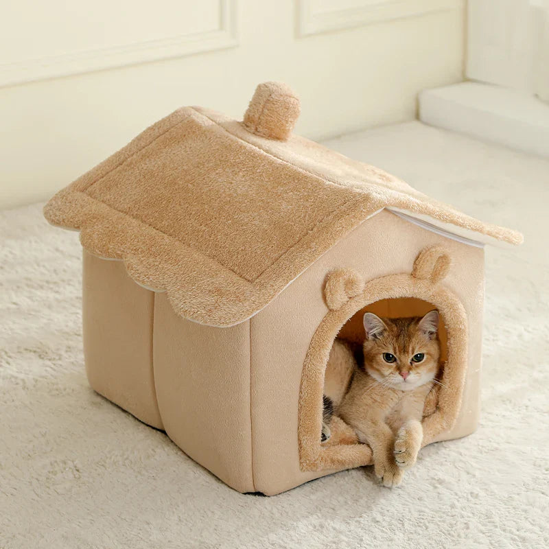 Foldable Pet House with Removable Cushion Soft Cat Bed for Small Dogs and Cats - Brown