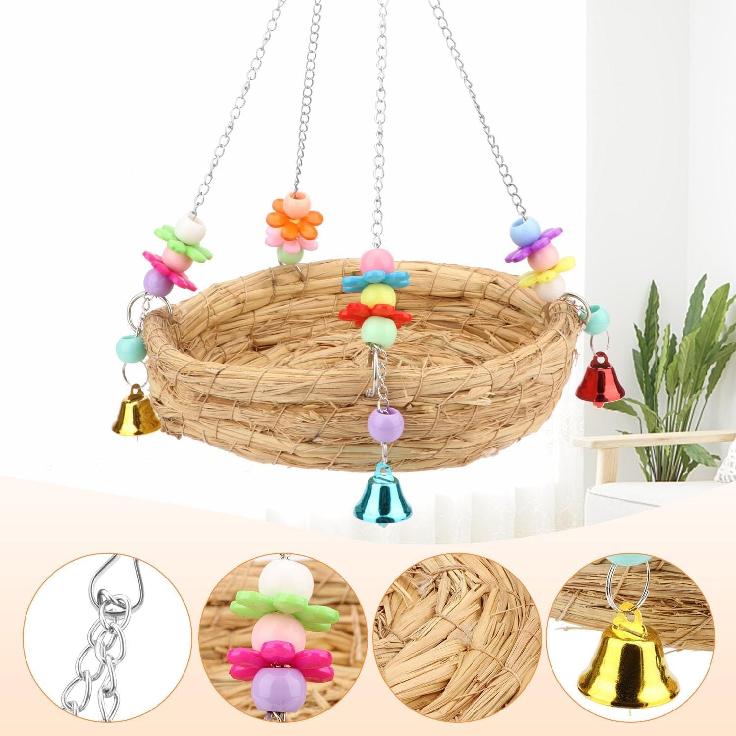woven straw nest bed parrot long tailed parrot parrot buji canary love birdcage perch with bell big bird swing toy