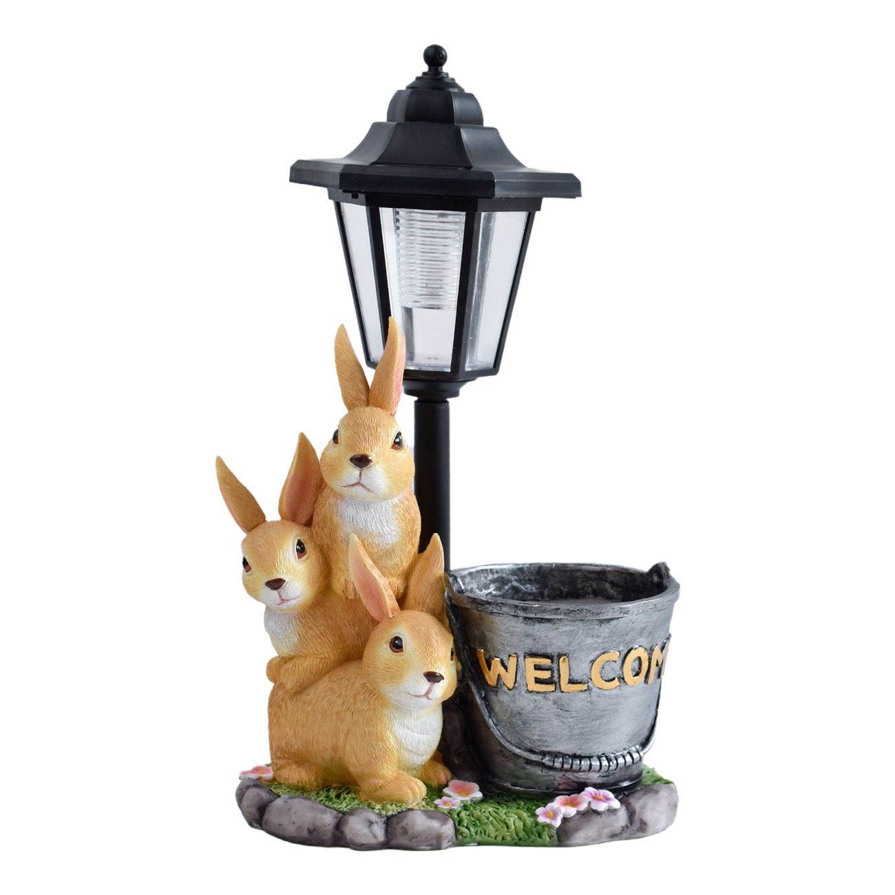 Solar Simulation Rabbit Ornament, charges by day and lights up automatically at night, three rabbits cluster around a street lamp with "WELCOME" bucket, warmly decorates courtyard and balcony, eco-friendly and healing./Rabbit's Kin