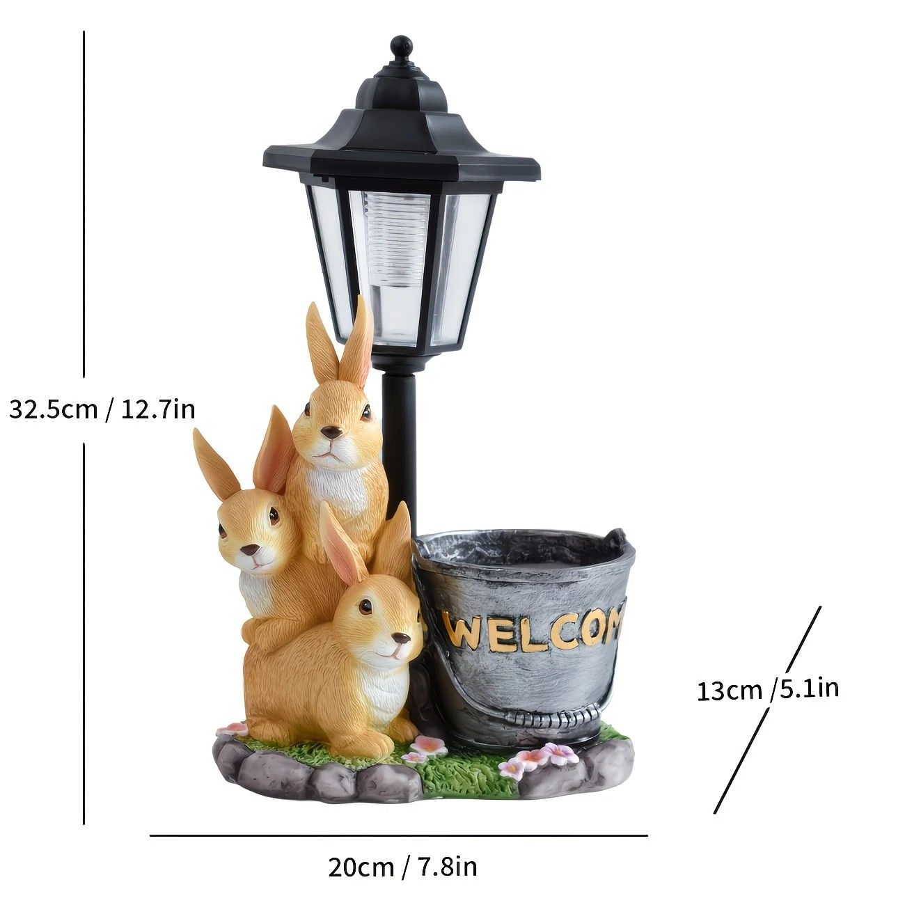 Solar Simulation Rabbit Ornament, charges by day and lights up automatically at night, three rabbits cluster around a street lamp with "WELCOME" bucket, warmly decorates courtyard and balcony, eco-friendly and healing./Resin flowerpot rabbit