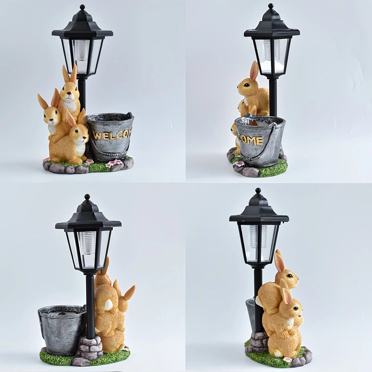 Solar Simulation Rabbit Ornament, charges by day and lights up automatically at night, three rabbits cluster around a street lamp with "WELCOME" bucket, warmly decorates courtyard and balcony, eco-friendly and healing./Resin flowerpot rabbit