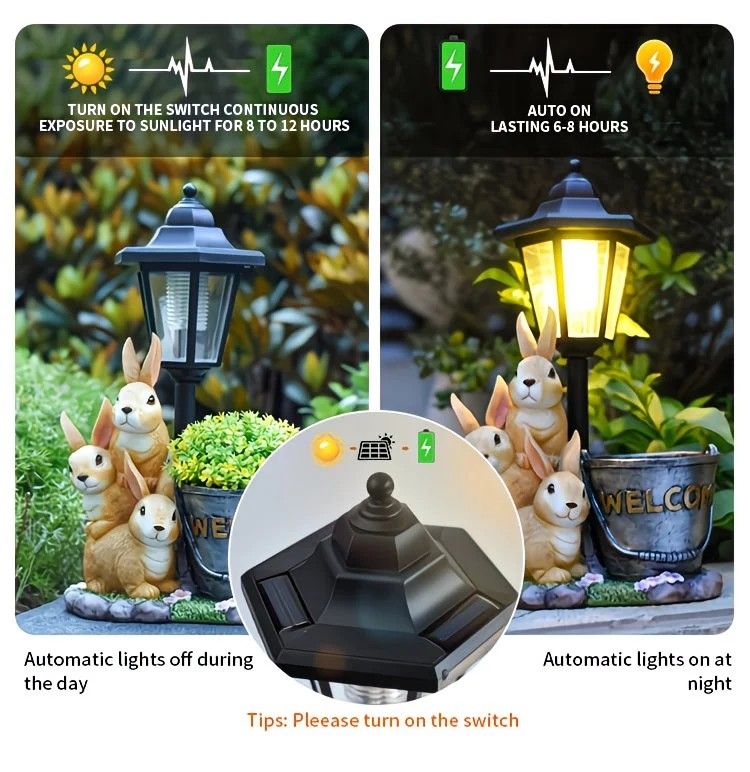 Solar Simulation Rabbit Ornament, charges by day and lights up automatically at night, three rabbits cluster around a street lamp with "WELCOME" bucket, warmly decorates courtyard and balcony, eco-friendly and healing./Resin flowerpot rabbit