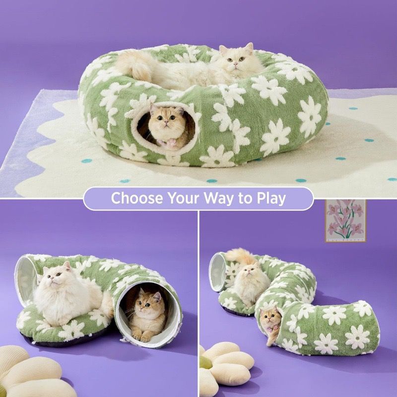 2-in-1 Plush Donut Cat Tunnel Bed, Checkered Pattern Pet Cave with Interactive Hanging Ball, Non-Slip Bottom, Foldable Design for Indoor Cats and Kittens (Green)