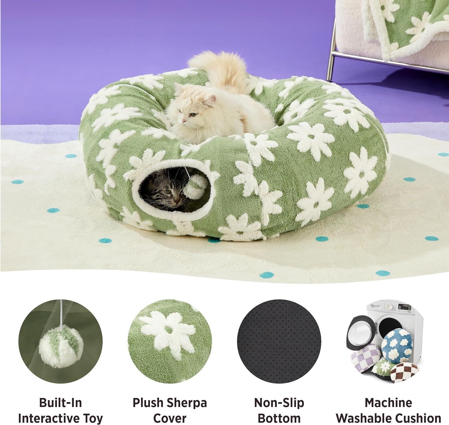 2-in-1 Plush Donut Cat Tunnel Bed, Checkered Pattern Pet Cave with Interactive Hanging Ball, Non-Slip Bottom, Foldable Design for Indoor Cats and Kittens (Green)
