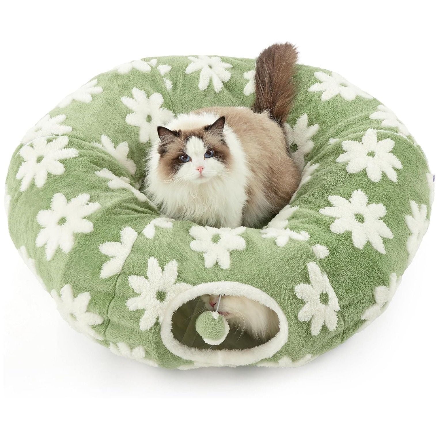 2-in-1 Plush Donut Cat Tunnel Bed, Checkered Pattern Pet Cave with Interactive Hanging Ball, Non-Slip Bottom, Foldable Design for Indoor Cats and Kittens (Green)