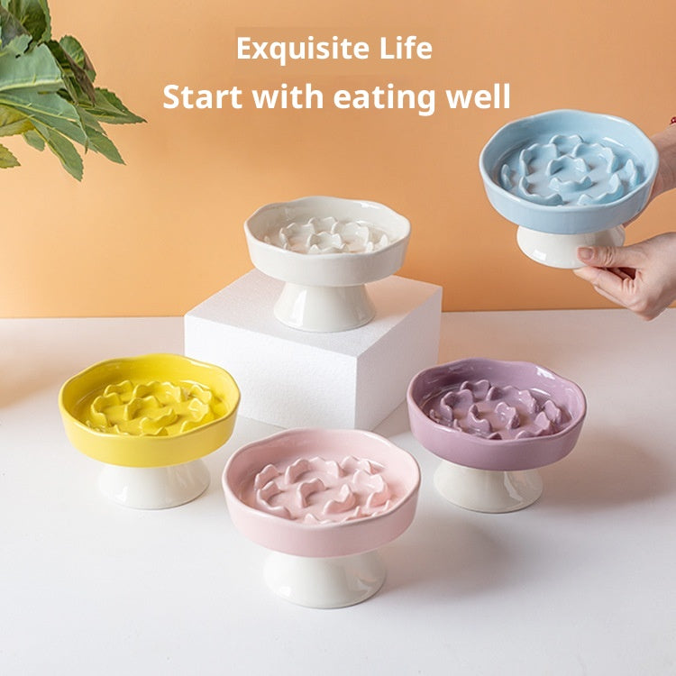 Yellow Ceramic Elevated Slow Feeder Bowl Raised Pet Dish 310ml Anti-Vomit Puzzle Design for Cats and Small Dogs Healthy Digestion Sturdy Base