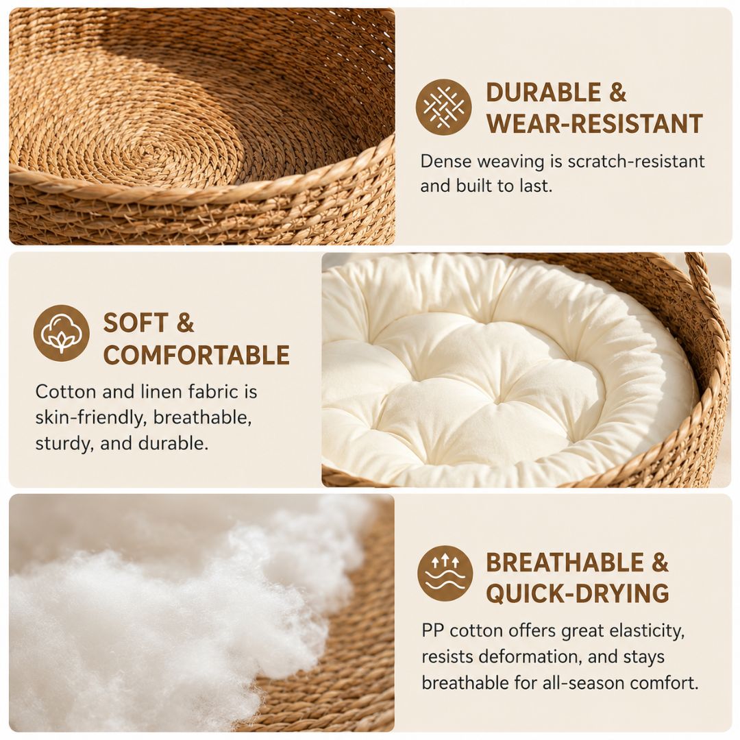Round Woven Pet Bed with Soft Cushion for Cats and Small Dogs Indoor - Cream White