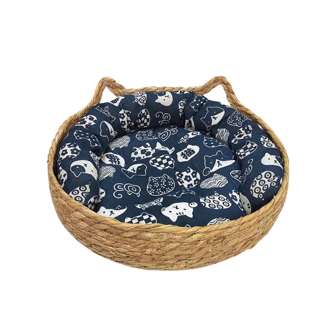 Round Woven Pet Nest with Cushion for Cats and Small Dogs Indoor Use - Navy Blue