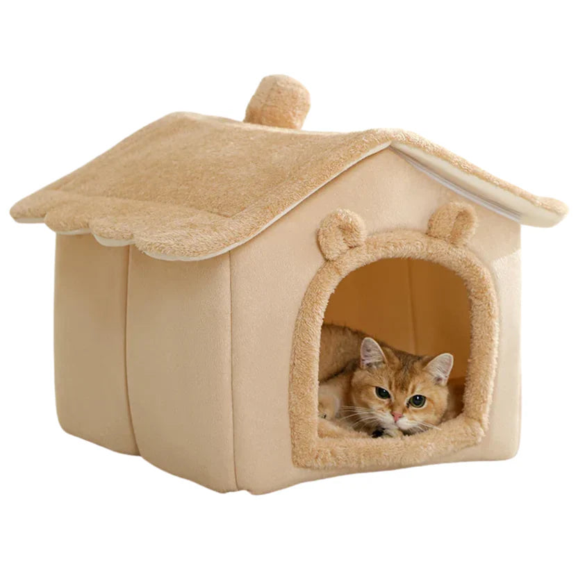 Foldable Pet House with Removable Cushion Soft Cat Bed for Small Dogs and Cats - Brown