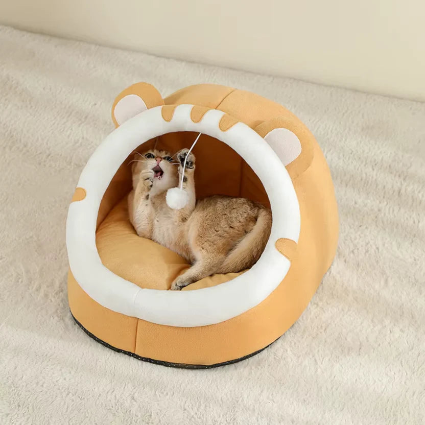 Cotton Cat Bed Enclosed Pet House Soft Cushion Nest for Cats and Small Dogs - Yellow