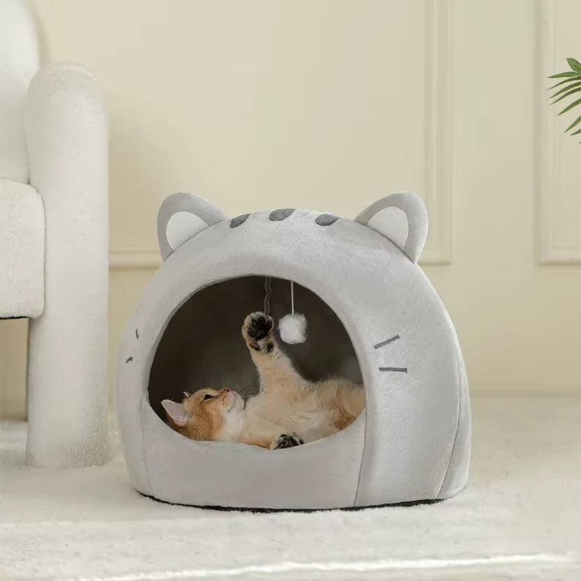 Enclosed Cotton Cat Cave Bed Pet House Cushion for Indoor Cats and Small Dogs