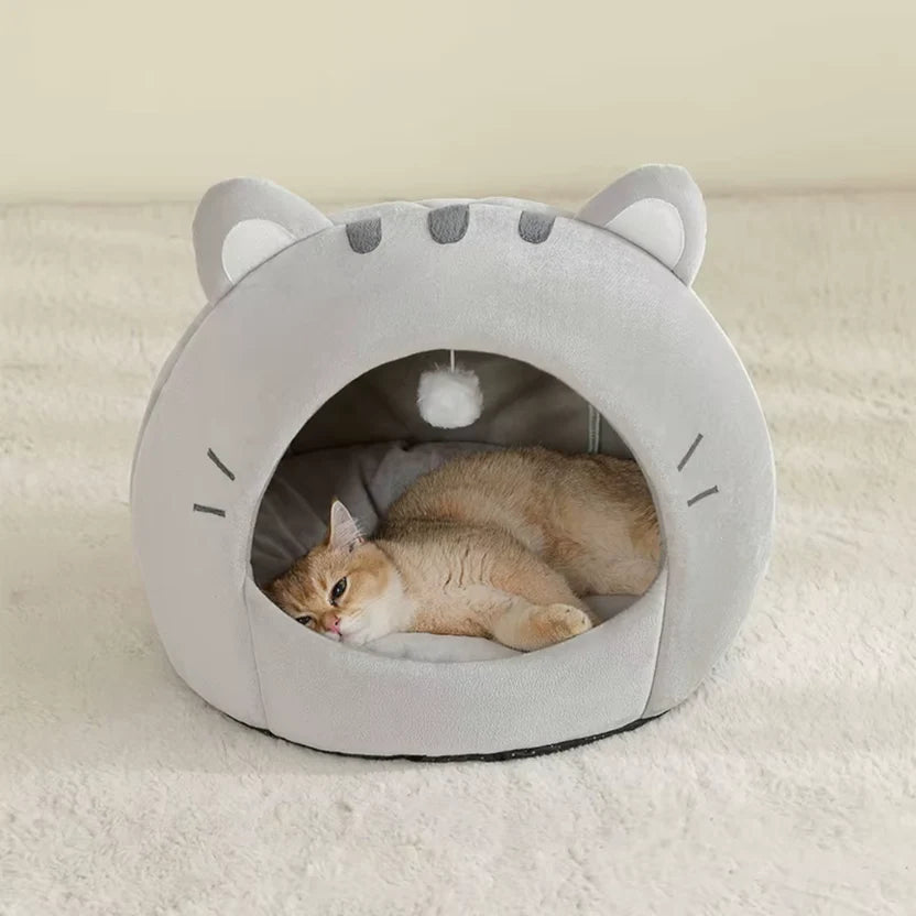 Enclosed Cotton Cat Cave Bed Pet House Cushion for Indoor Cats and Small Dogs