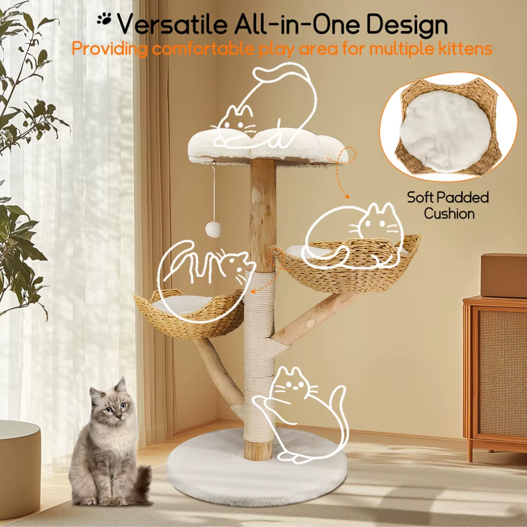 Modern Wooden Cat Tree Activity Center with Scratching Area and Elevated Rest Platforms