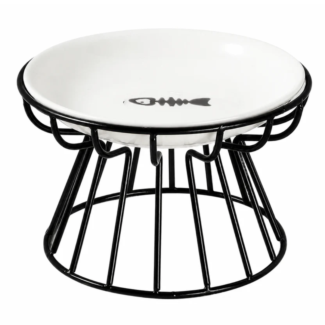 Elevated Ceramic Pet Food Bowl with Iron Stand - Fish Pattern
