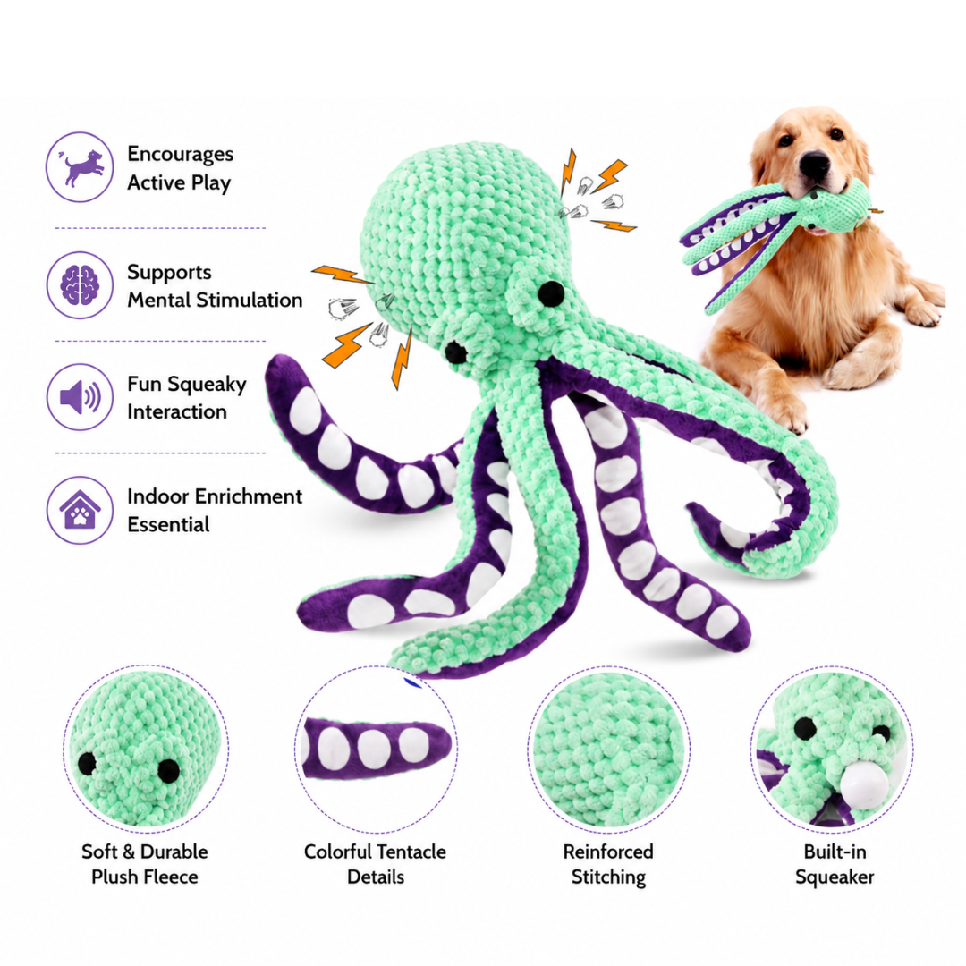 Plush Octopus Dog Toy Interactive Squeaky Chew Toy for Small and Large Dogs