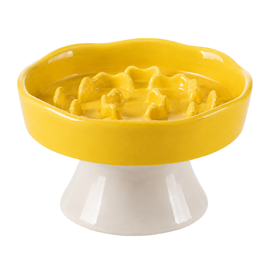Ceramic Elevated Dog Slow Feeder Bowl - Yellow