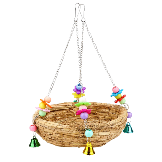 Woven Straw Bird Nest Bed with Bells
