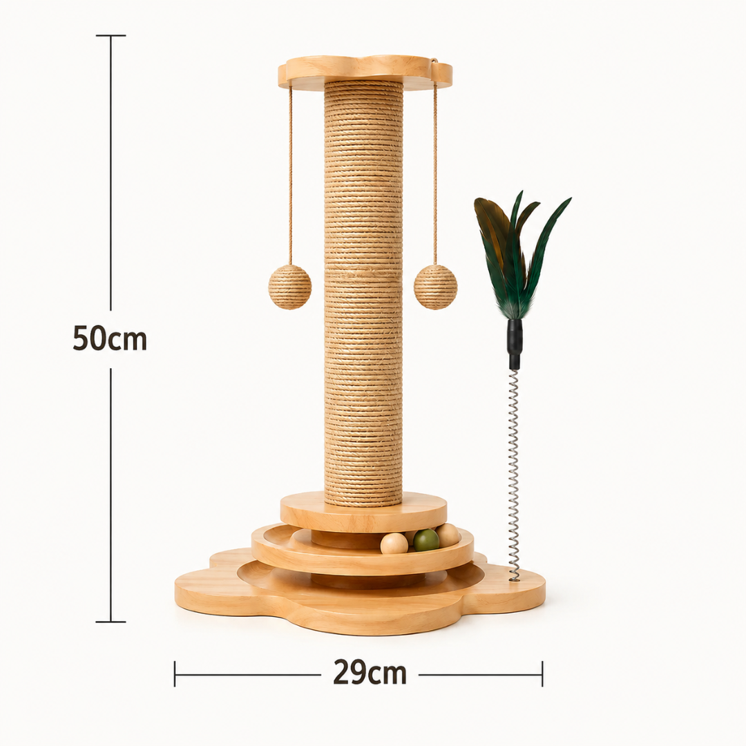 Wooden Cat Scratching Turntable Toy with Interactive Teaser Stick for Indoor Cats