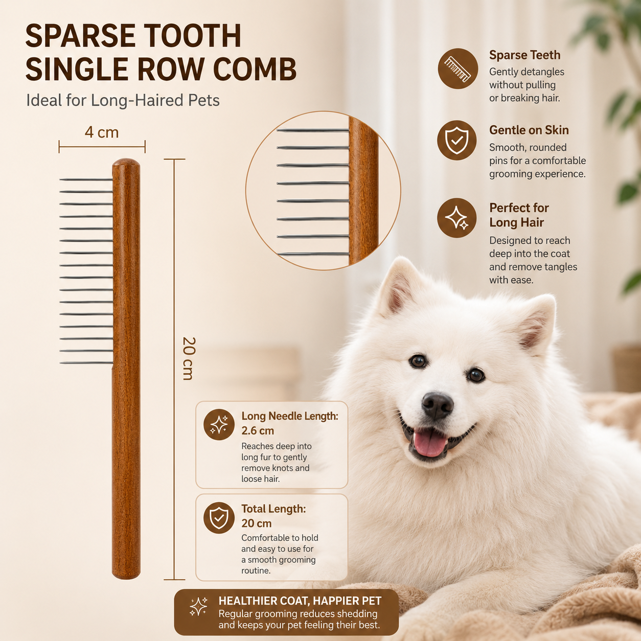 Cat Comb Cat Accessories Stainless Steel Pet Hair Remover Wooden Handle Solid Cat Hair Comb Pet Grooming Dog Brush Cleaning Tool - 20 cm x 4
