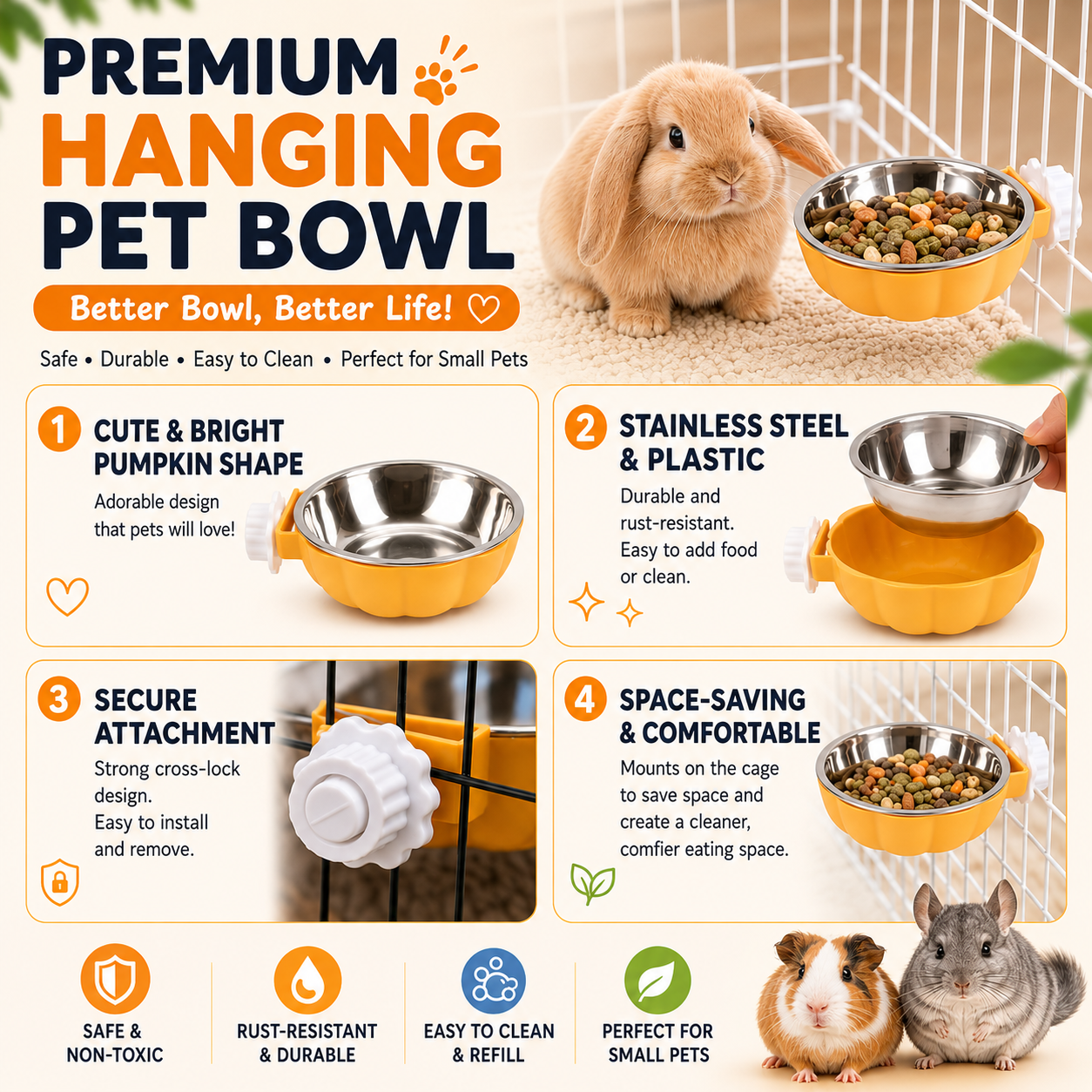 Pet Hanging Food Bowl Pumpkin Shaped Stainless Steel Feeding Dish for Rabbits Hamsters Birds and Cats - Yellow