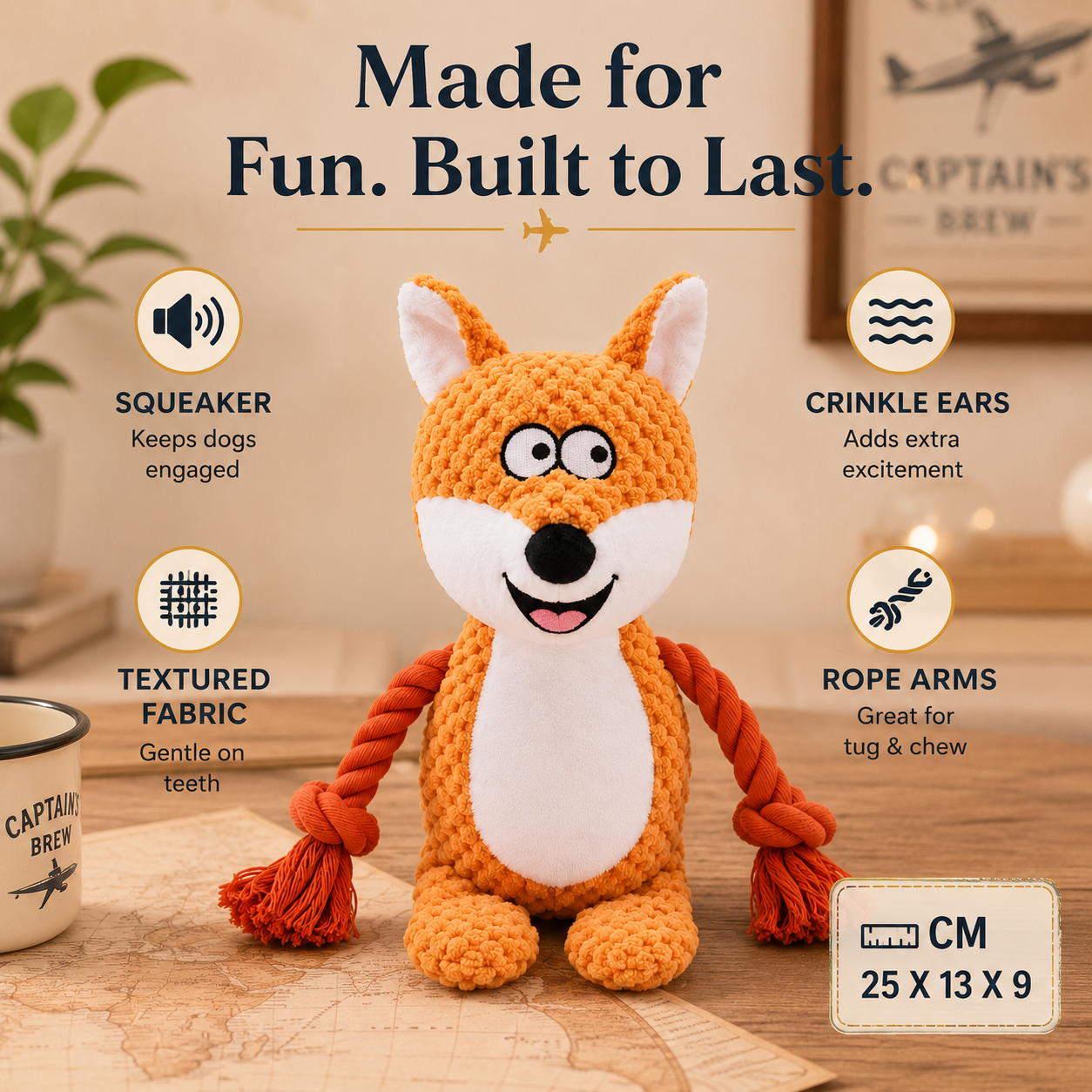 Orange Fox Dog Toy Plush Squeaker Interactive for Small and Medium Dogs