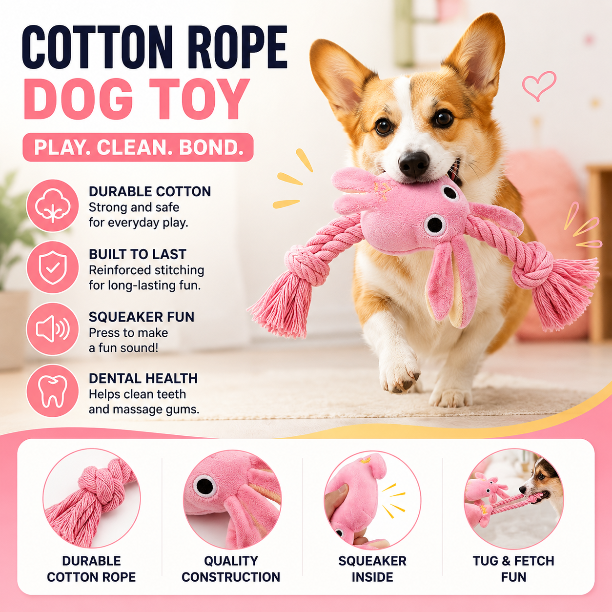 Squeaky Octopus Dog Toy with Cotton Rope Interactive Chew and Play Toy for Puppies - Pink