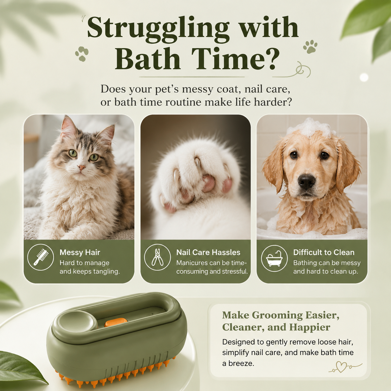 3-in-1 Rechargeable Pet Grooming Brush with Spray Function Hair Removal Comb for Cats and Dogs