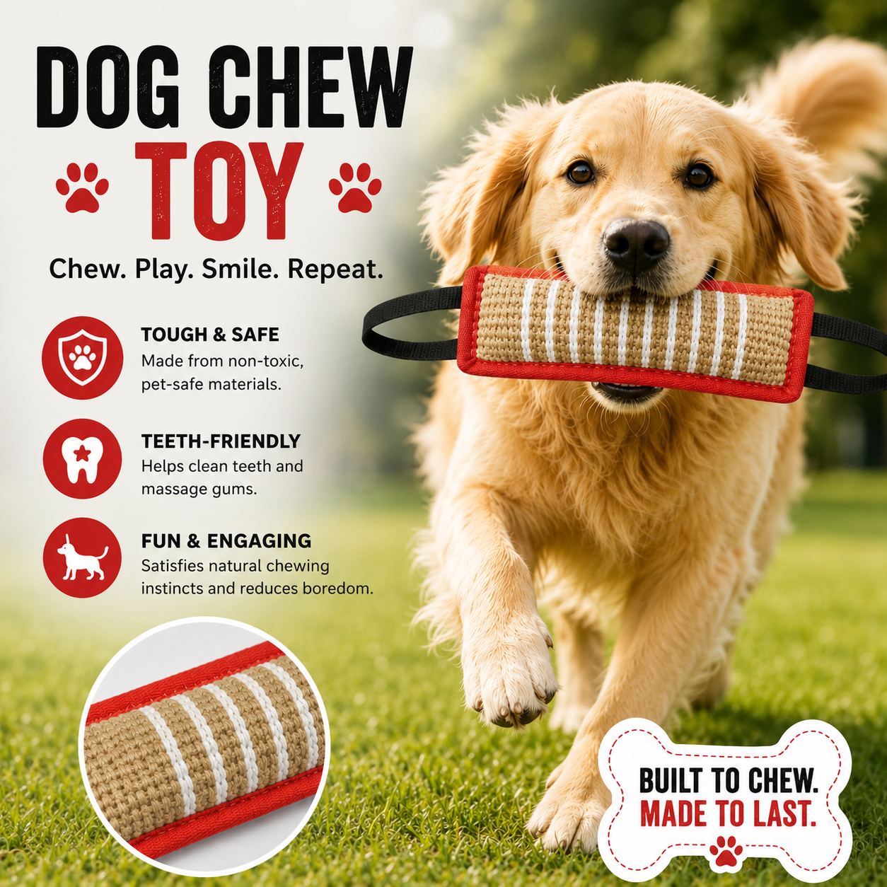Natural Jute Dog Tug Toy with Two Handles for Interactive Play - Red