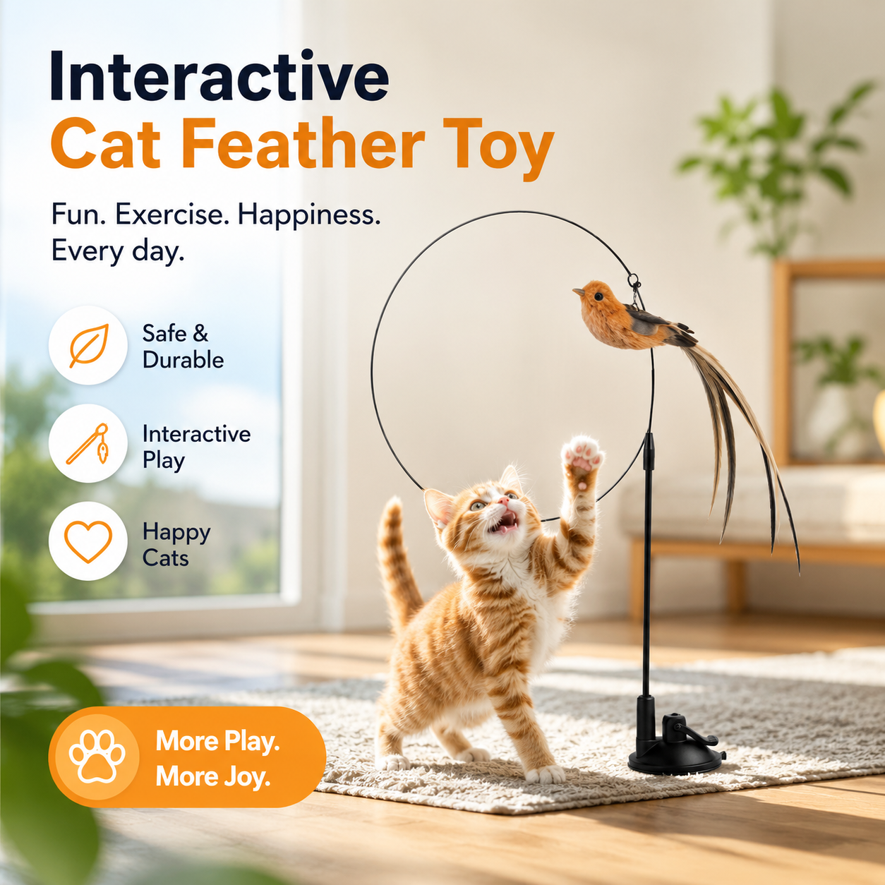 Simulated Bird Cat Toy with Suction Cup Interactive Feather Teaser Wand for Cats