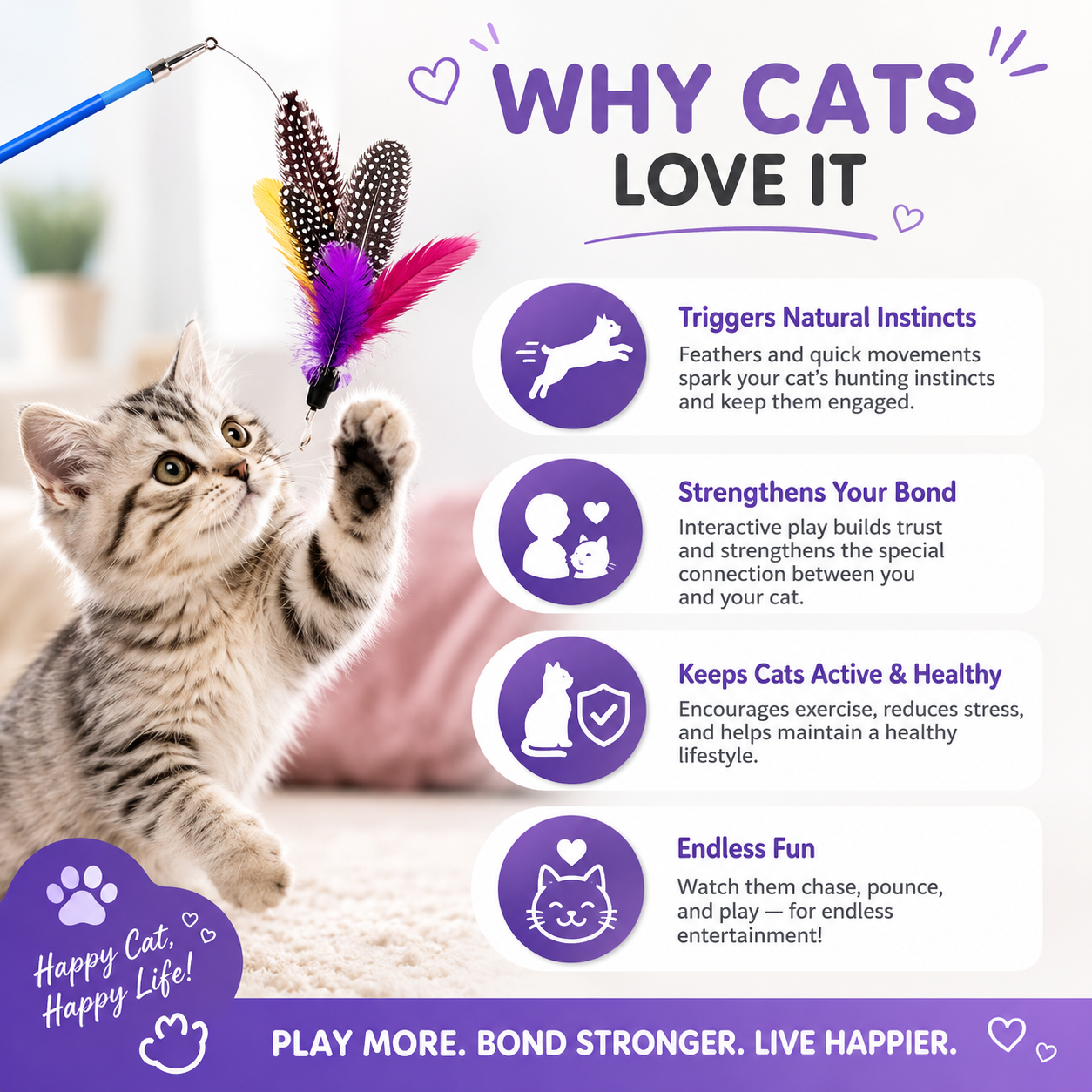Cat Feather Toy Refill Set 11 PCS Interactive Teaser Attachments with Retractable Wand