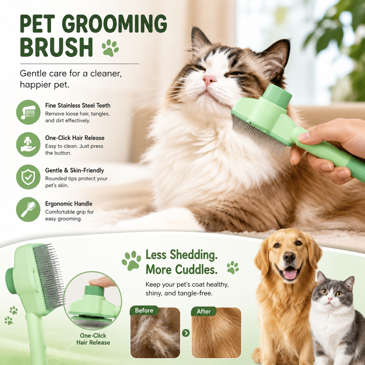 One Button Pet Grooming Brush Dog Cat Deshedding Comb with Self Cleaning Design - Green