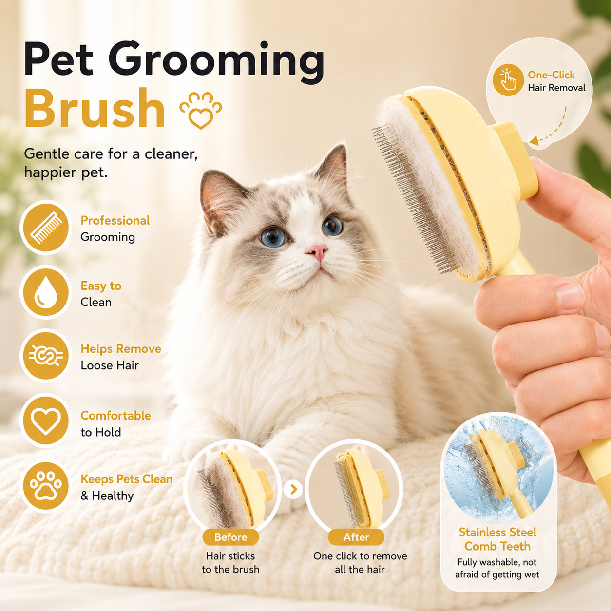 One Button Pet Grooming Brush Dog Cat Deshedding Comb with Self Cleaning Design - Yellow Orange