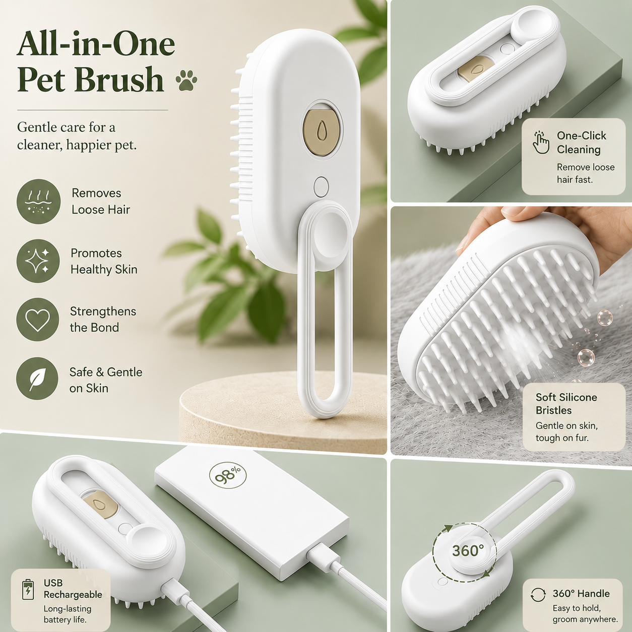 Portable 3-in-1 Pet Grooming Comb Rechargeable Spray Brush for Cats and Dogs