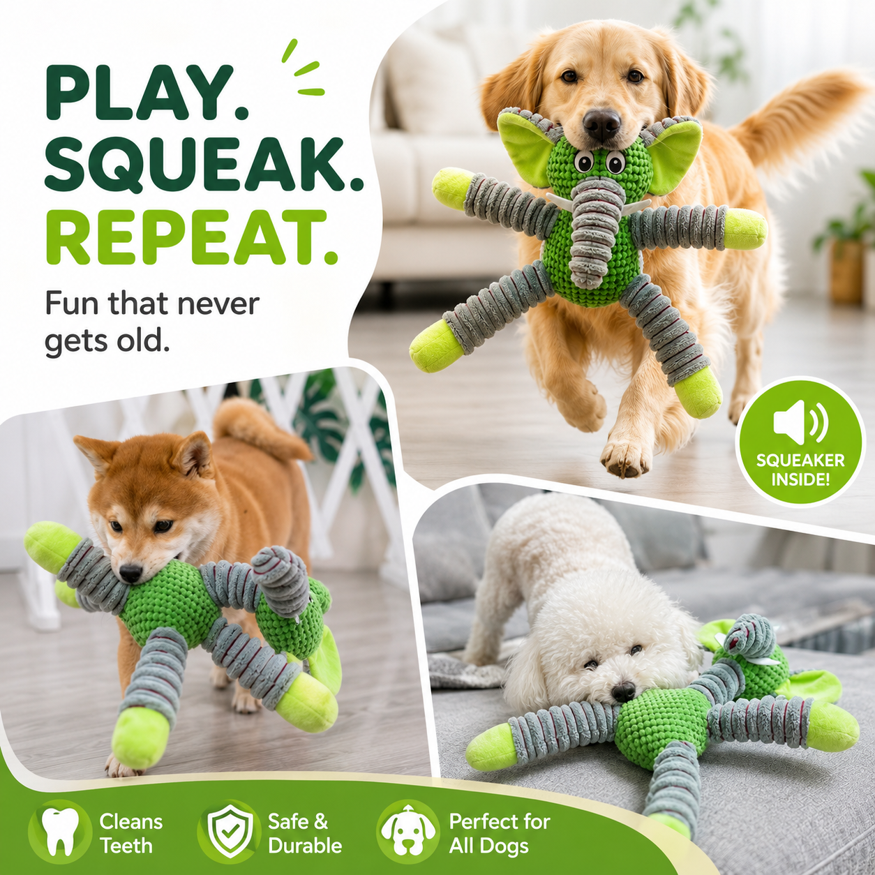 Pet Plush Squeaky Toy Animal Design Soft Interactive Chew Toy for Dogs and Puppies - Green Elephant
