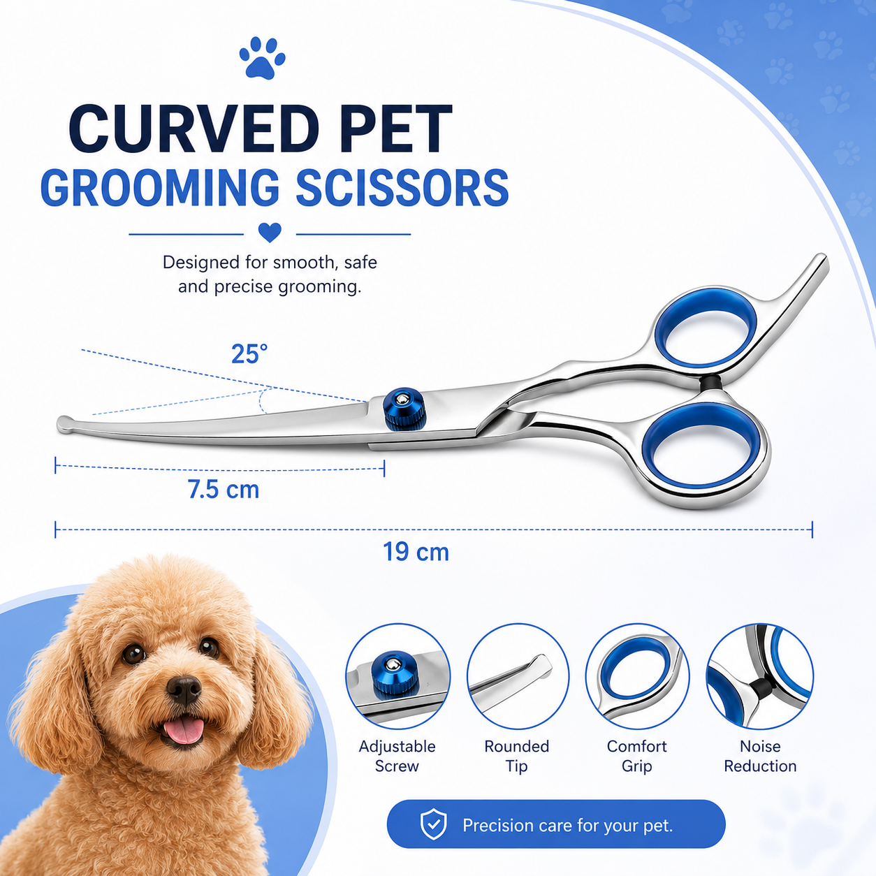 7-Inch Pet Grooming Curved Scissors with Rounded Safety Tips and Stainless Steel Blades - Down Curved Scissors