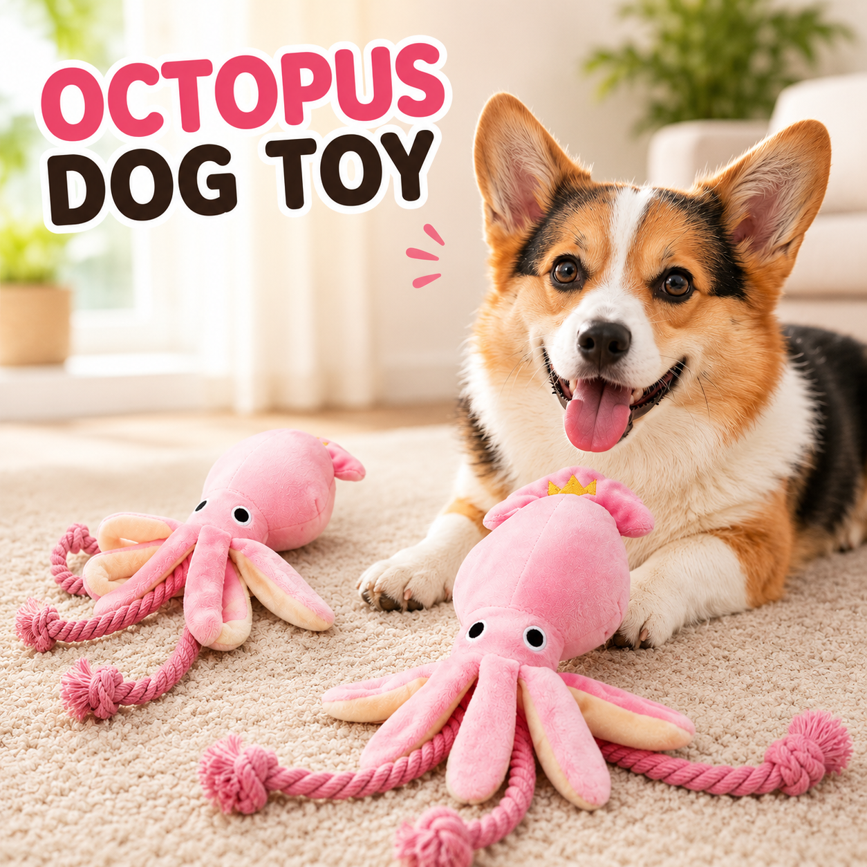 Squeaky Octopus Dog Toy with Cotton Rope Interactive Chew and Play Toy for Puppies - Pink
