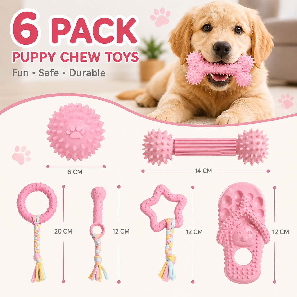 6 PCS Rubber Chew and Play Toys  - Pink Set