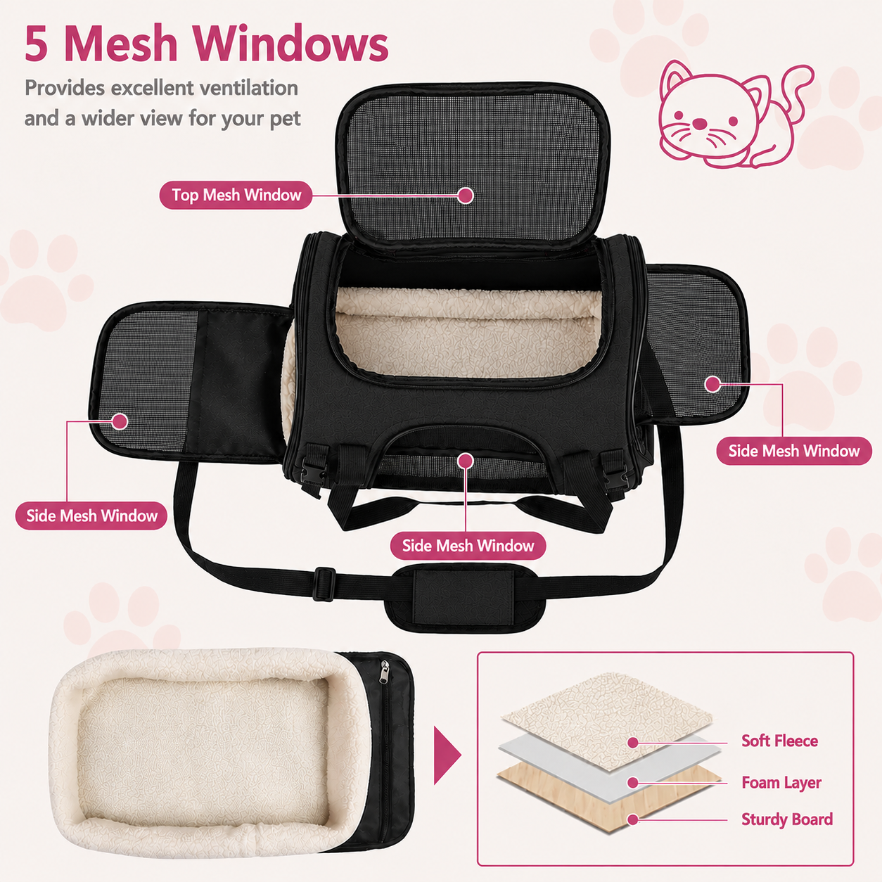 Black Portable Soft Sided Pet Carrier for Cats Dogs and Kittens with Removable Mat
