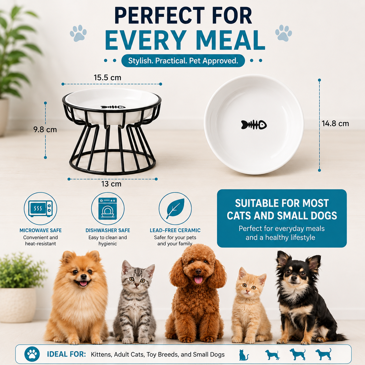 Elevated Ceramic Pet Food Bowl with Iron Stand Non-Slip Feeding Dish - Black & Fish Pattern
