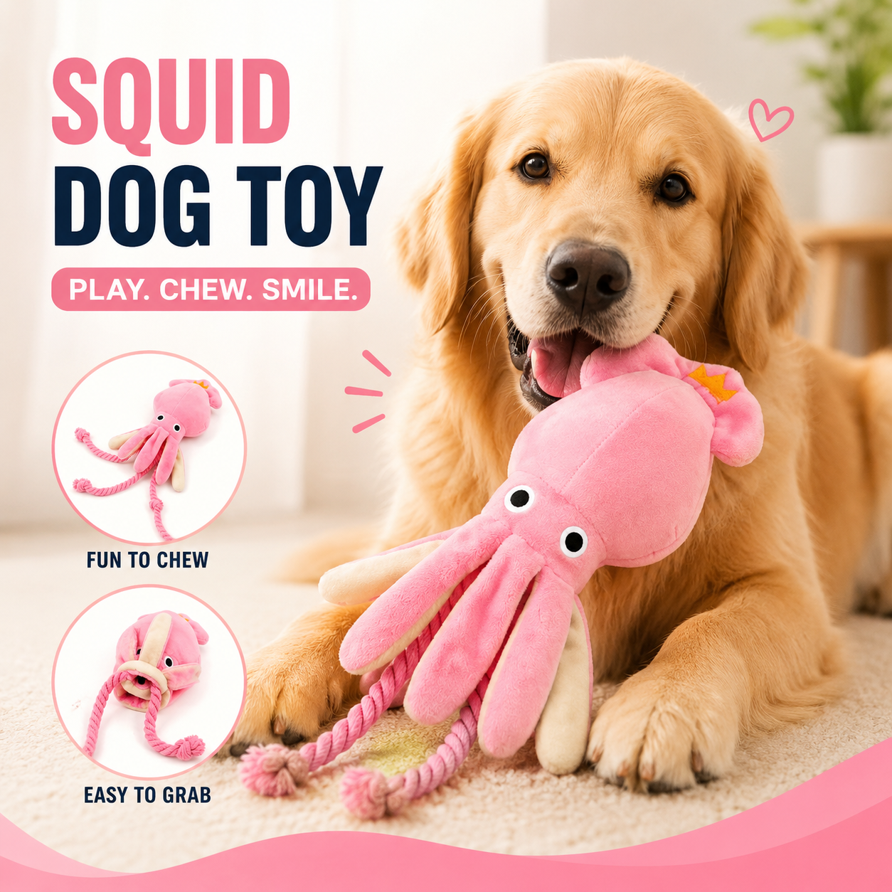 Squeaky Octopus Dog Toy with Cotton Rope Interactive Chew and Play Toy for Puppies - Pink
