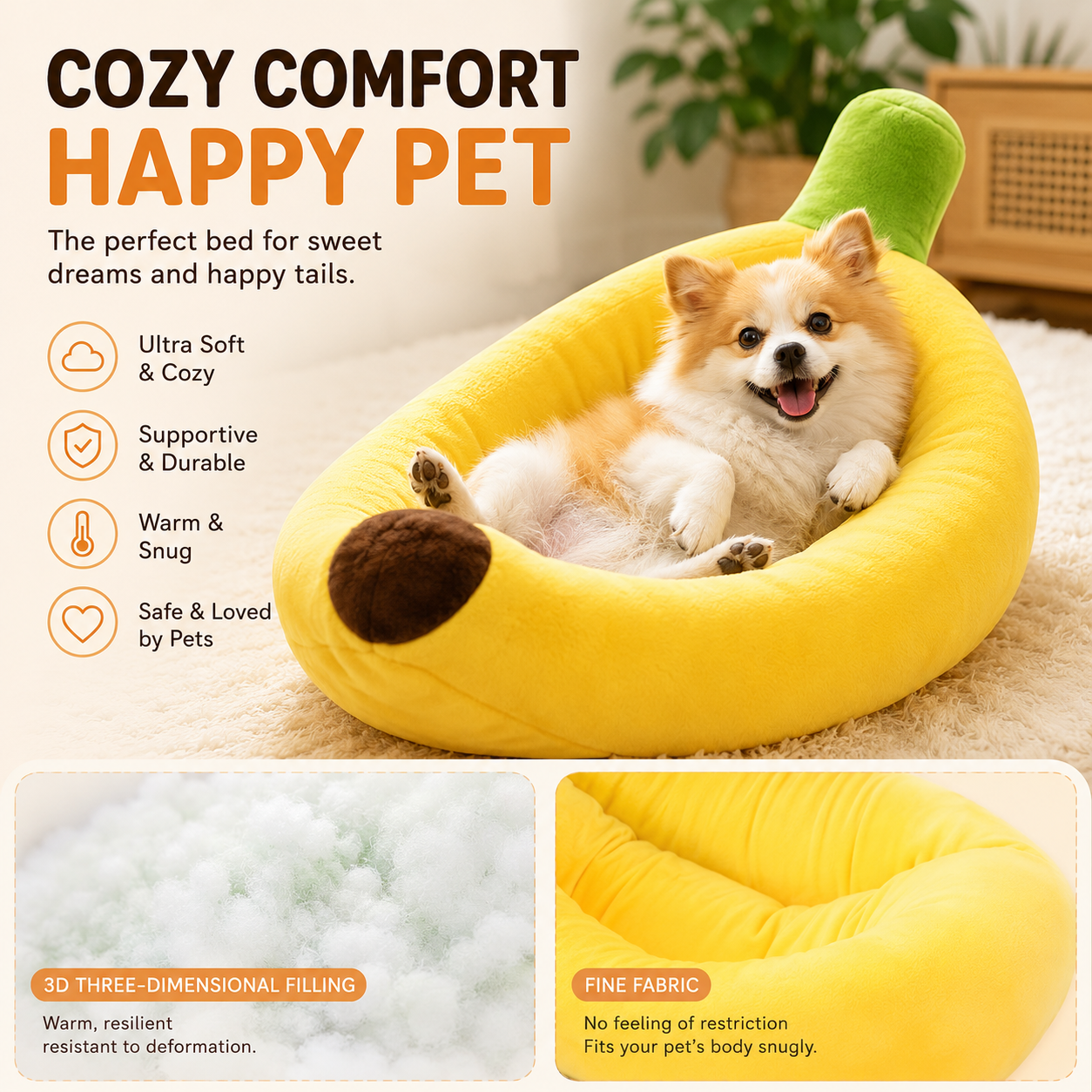 Cozy Banana Shape Pet House with Removable Cushion